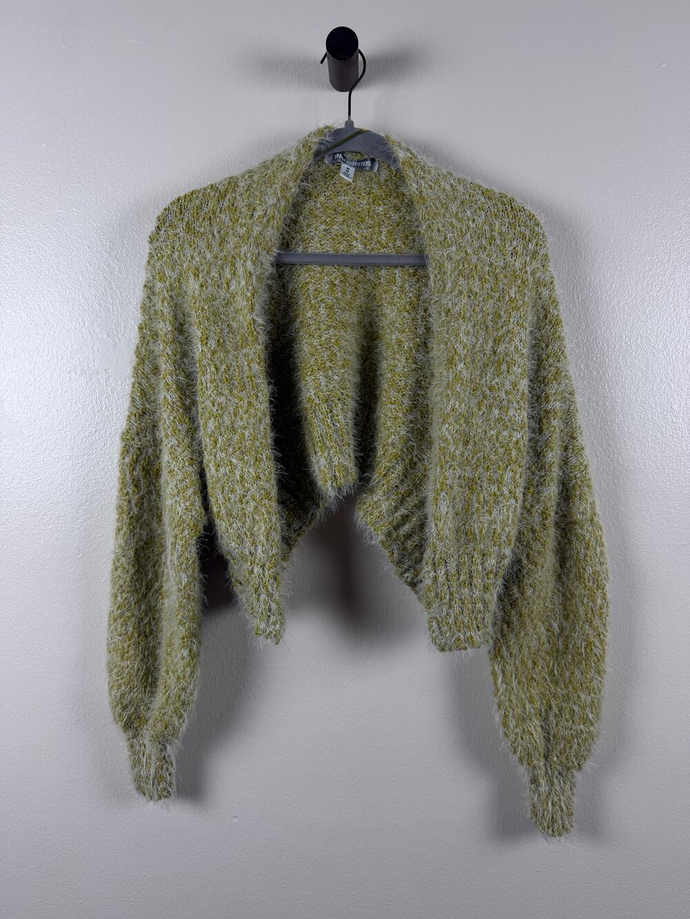 Urban Outfitters UO Elise Fuzzy Splice Cardigan Green Yellow M Balloon Sleeve